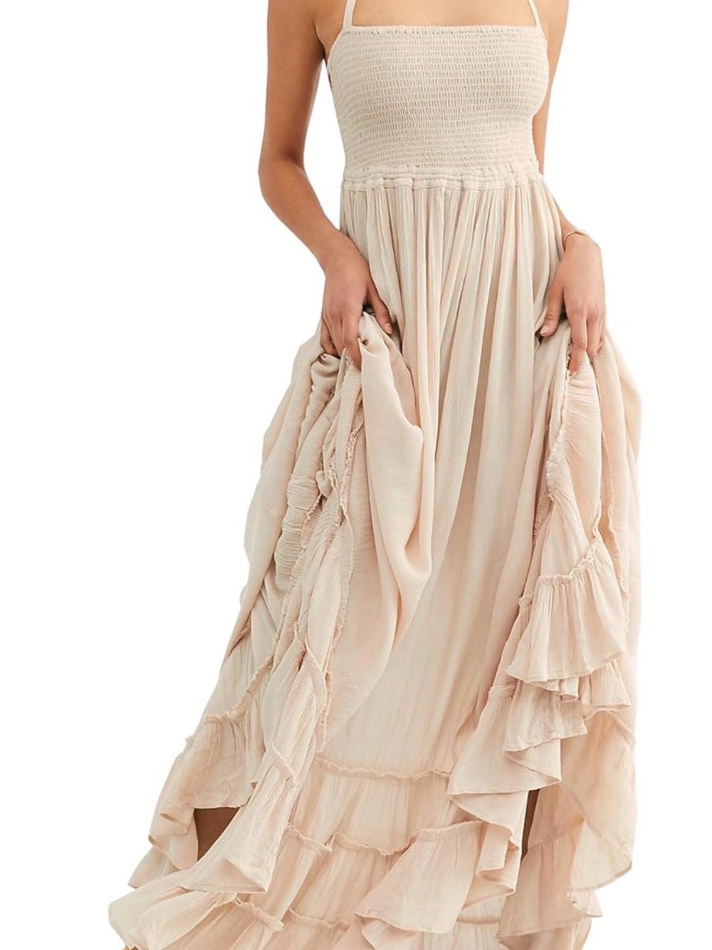 Boho Smocked Strap Maxi Dress in Beige